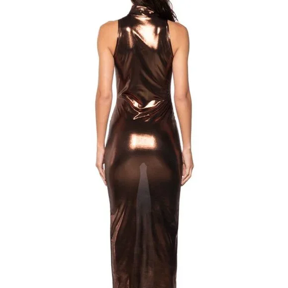 Xena Metallica: Brown Bronzer Stretch Mid Maxi Dress M - Picture 3 of 7